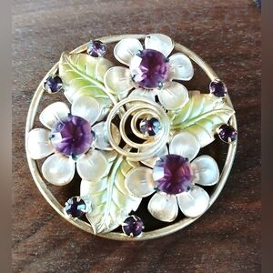 Vintage Floral Brooch with Purple and Gold Accents
